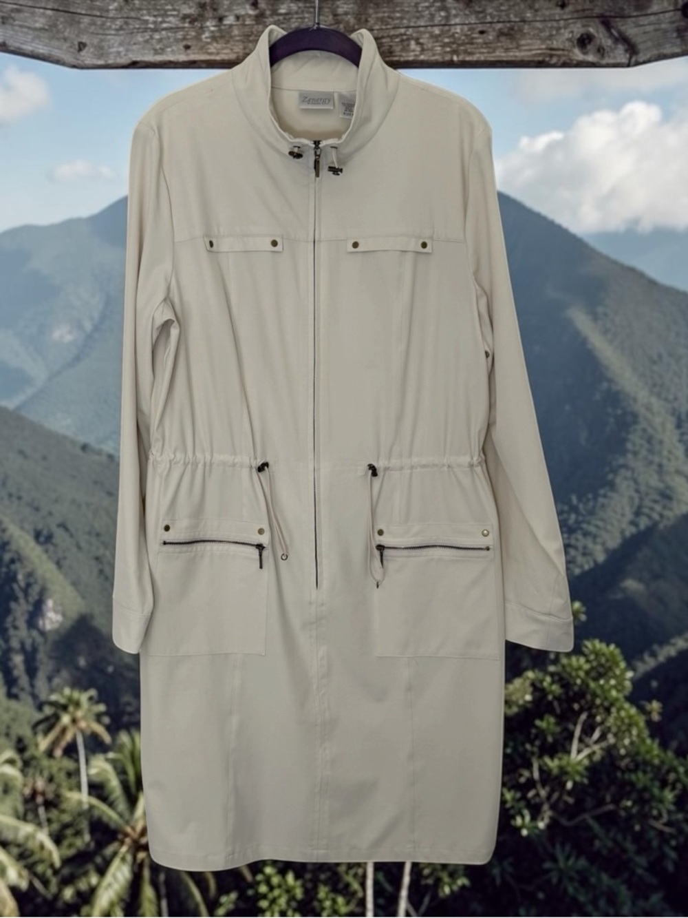 Zenergy By Chico’s Khaki Cinch Waist Knee Length Shirt Dress Sz 2 (L) Utility